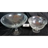 A footed bowl in the shape of a giant champagne coupe and another bowl with frosted floral pattern,