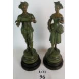 A pair of spelter figures with verdigree effect colouring, 43cm tall on wooden plinths,