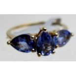 AAA tanzanite 9ct gold ring, pear cut trilogy, size N, VSI,