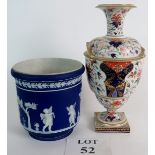 A Wedgwood Jasperware bucket with white pattern on a blue ground and a Crown Derby urn with Imari