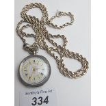 A silver cased pocket watch on a rope chain, 925 marked on clasp, c1910,