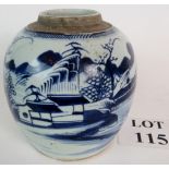 An antique Chinese ginger jar in blue and white with landscape scene,