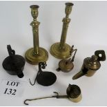 A collection of antique and vintage metalware, including a pair of candlesticks etc (a/f),