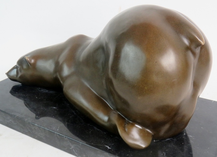 A stylish contemporary bronze sculpture modelled as a bear in comical pose, on marble plinth base, - Image 3 of 3