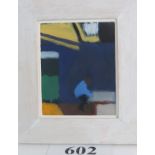 Ann Brunskill (1923-2018) - 'Figure in blue', oil on card laid down on board, 14cm x 12cm, framed.