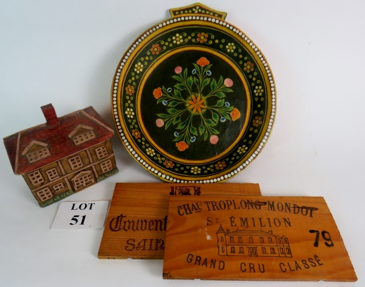 Four items of treen, includes a hand carved and painted wooden bowl,