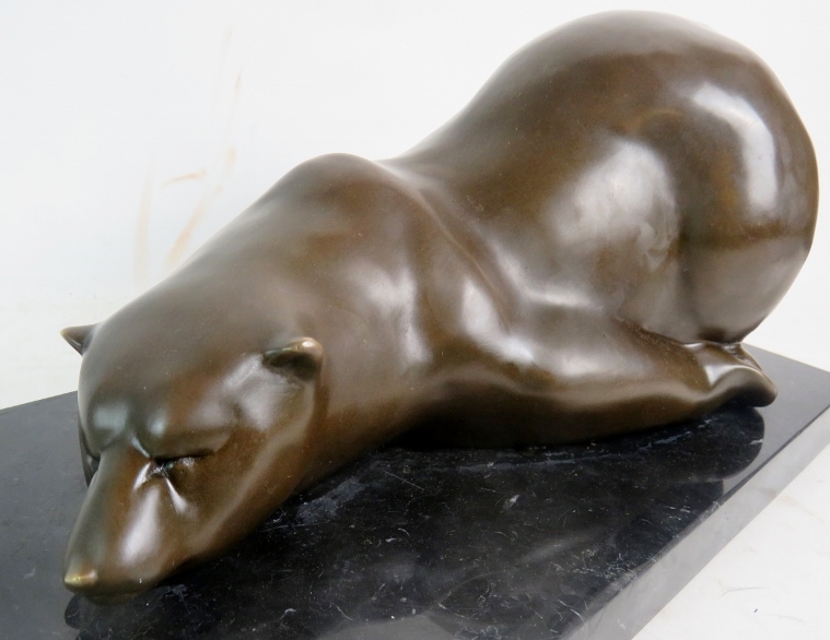 A stylish contemporary bronze sculpture modelled as a bear in comical pose, on marble plinth base, - Image 2 of 3