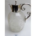 A glass claret jug with flower decoration and silver mounts, Birmingham 1900,