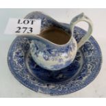 A 19th century blue and white transfer printed jug in the milkmaid pattern (a/f),