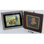 A vintage wax portrait bust miniature, inset lined and glazed oak frame,