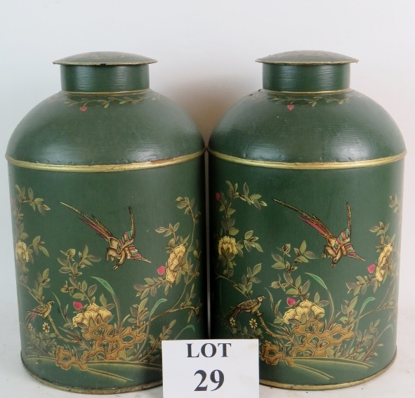 A pair of Regency-style green Japanned Toleware storage jars and covers, 37cm high,