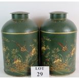 A pair of Regency-style green Japanned Toleware storage jars and covers, 37cm high,