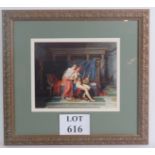 A decorative colour print depicting a classical Romanesque interior scene of lovers,