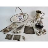 Assorted silver plate: to include a mesh purse, 2 pairs candleholders, oval cake/bon bon basket,