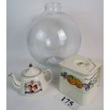 An old glass jar believed to be an antique lace makers flash globe, a George Clews 'cube' teapot,