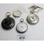 Two silver pocket watches and two other pocket watches and winders,