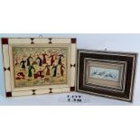 Two vintage Mughal hand-painted panels of traditional design, inset bone inlaid frames,