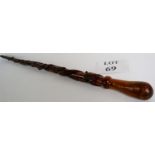 A richly carved Folk Art walking stick with rabbit, fox, birds, snakes,