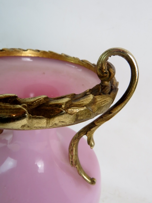 An ornate Classical-Revival gilt-metal mounted pink glass urn form vase, 33cm high, - Image 2 of 3