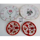 A pair of hand painted plates with central flower and dragonfly border,