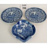 An early blue and white shell dish, the temples, circa 1820, and a pair of pagoda plates, 10",