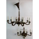 Two brass chandeliers, one six branch, (38cm diameter), the other eight branch, (56cm diameter),