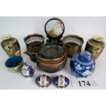 A collection of decorative objects, including a Chinese cloisonné bowl,