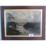 British School (19th century) - `River landscape with steam train on a bridge', oil, 52cm x 73cm,