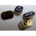 A pair of 9ct gold and enamelled cuff links, Masonic,
