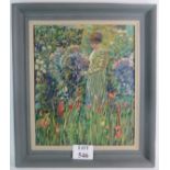 Impressionist School (20th century) - `Elegant Lady in a Garden', oil on board, indistinctly signed,