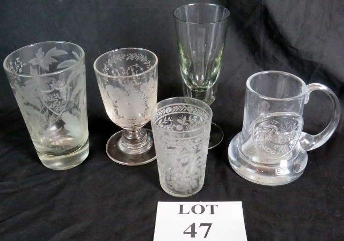 A collection of 19th century glass with etched decorative patterns,