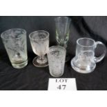 A collection of 19th century glass with etched decorative patterns,
