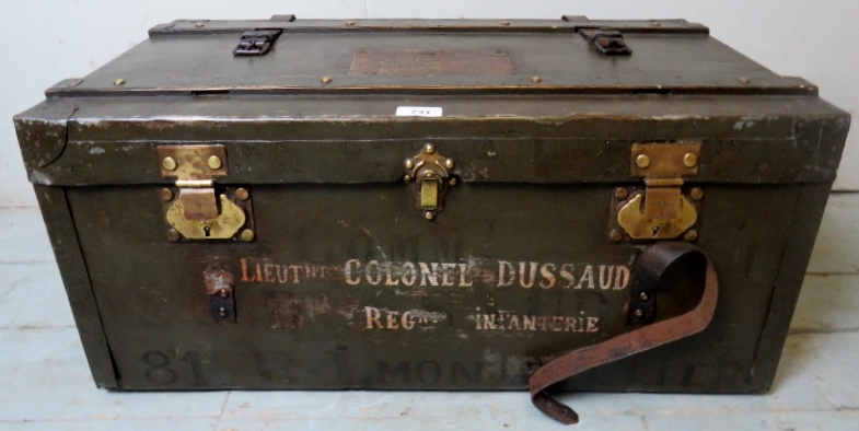 A fantastic vintage military trunk inscribed infantry Regiment `Lieutenant Colonel Dussaud',