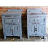 A pair of 20th century oriental bedside cabinets finished in grey paint and each having a single