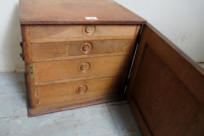 A small 19th century pale oak collectors cabinet with hinged panelled door revealing 4 internal