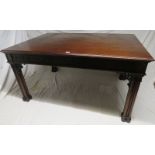 A c1900 mahogany Gillows style library table with a blind fretwork frieze over four legs each with
