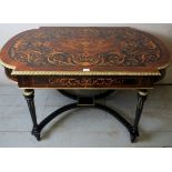 A Victorian design marquetry centre table with detailed inlaid top over a single frieze drawer and