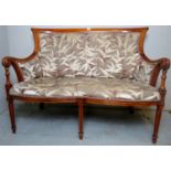 A 20th century mahogany framed two seater high back settee upholstered in a contemporary grey