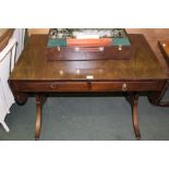 A REPRODUCTION MAHOGANY FINISHED SOFA TABLE,, of typical twin flap form, with two inline drawers,