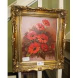 A MODERN OIL ON CANVAS BOARD STUDY of Flowers, bearing the name Devlin, in modern moulded gilt frame