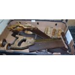 A COLLECTION OF EARLY 20TH CENTURY CARPENTER'S TOOLS. Includes; two brace and bits, a tenon saw,