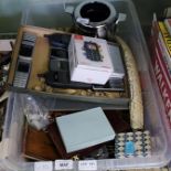 A CRATE CONTAINING A SELECTION OF USEFUL DOMESTIC AND COLLECTABLE ITEMS to include vintage mobile