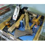A TRAY CONTAINING A SELECTION OF DIY TOOLS including Mitre Jig, large Stanley jack plane etc