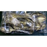 BAG OF PRODOMINENTLY SPOONS the majority silver plated but to include a suite of Rococo handled