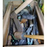 A WOODEN CRATE CONTAINING A SELECTION OF DOMESTIC TOOLS various including Brass Blow Lamp, saws etc