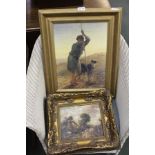 TWO OILEOGRAPHIC STYLE REPRODUCTION PRINTS one depicting a shepherd boy and his dog on a hillside,
