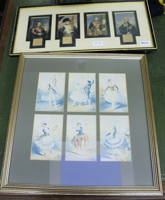 TWO FRAMED GLAZED AND MOUNTED MULTIPLE PRINTS One depicting dance, the other depicting famous