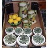 A BOX FULL OF DOMESTIC POTTERY, various, to include a trio of jugs, a bowl of lemons and a selection