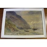 HENRY HARRIS LINES A VICTORIAN WATERCOLOUR of a boat at a wharf at the bottom of a mountainous
