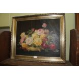 H.H. HOSLAND A 1930's Oil on canvas study of roses, in modern silvered frame